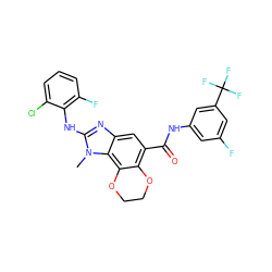 Cn1c(Nc2c(F)cccc2Cl)nc2cc(C(=O)Nc3cc(F)cc(C(F)(F)F)c3)c3c(c21)OCCO3 ZINC000205305506