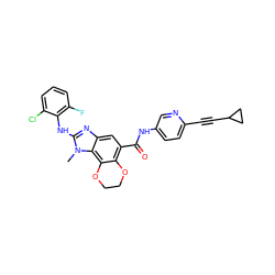 Cn1c(Nc2c(F)cccc2Cl)nc2cc(C(=O)Nc3ccc(C#CC4CC4)nc3)c3c(c21)OCCO3 ZINC000221176124