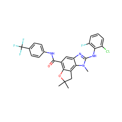 Cn1c(Nc2c(F)cccc2Cl)nc2cc(C(=O)Nc3ccc(C(F)(F)F)cc3)c3c(c21)CC(C)(C)O3 ZINC000139878218