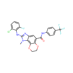 Cn1c(Nc2c(F)cccc2Cl)nc2cc(C(=O)Nc3ccc(C(F)(F)F)cc3)c3c(c21)OCCO3 ZINC000205305485