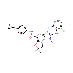 Cn1c(Nc2c(F)cccc2Cl)nc2cc(C(=O)Nc3ccc(C4CC4)cc3)c3c(c21)CC(C)(C)O3 ZINC000139824261