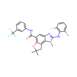 Cn1c(Nc2c(F)cccc2Cl)nc2cc(C(=O)Nc3cccc(C(F)(F)F)c3)c3c(c21)CC(C)(C)O3 ZINC000139865068