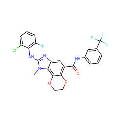 Cn1c(Nc2c(F)cccc2Cl)nc2cc(C(=O)Nc3cccc(C(F)(F)F)c3)c3c(c21)OCCO3 ZINC000205302338