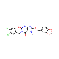 Cn1c(OCc2ccc3c(c2)OCO3)nc2c1c(=O)n(Cc1ccc(Cl)c(Cl)c1)c(=O)n2C ZINC000008666808