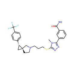 Cn1c(SCCCN2CC[C@]3(C[C@@H]3c3ccc(C(F)(F)F)cc3)C2)nnc1-c1cccc(C(N)=O)c1 ZINC001772652861