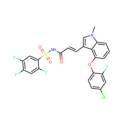 Cn1cc(/C=C/C(=O)NS(=O)(=O)c2cc(F)c(F)cc2F)c2c(Oc3ccc(Cl)cc3F)cccc21 ZINC000049878565