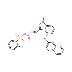 Cn1cc(/C=C/C(=O)NS(=O)(=O)c2ccccc2F)c2c(Oc3ccc4ccccc4c3)cccc21 ZINC000040873655