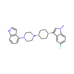 Cn1cc([C@H]2CC[C@@H](N3CCN(c4cccc5[nH]ccc45)CC3)CC2)c2cc(F)ccc21 ZINC000101182118