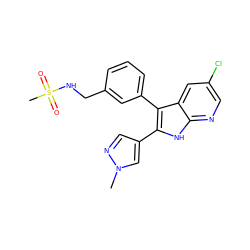 Cn1cc(-c2[nH]c3ncc(Cl)cc3c2-c2cccc(CNS(C)(=O)=O)c2)cn1 ZINC000103273744