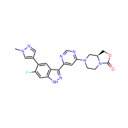 Cn1cc(-c2cc3c(-c4cc(N5CCN6C(=O)OC[C@@H]6C5)ncn4)n[nH]c3cc2F)cn1 ZINC000225573119