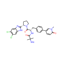 Cn1cc(-c2ccc(C[C@H](NC(=O)C(C)(C)N)C(=O)N3CCC[C@H]3c3nc4cc(Cl)c(Cl)cc4[nH]3)cc2)ccc1=O ZINC000064746281