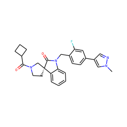 Cn1cc(-c2ccc(CN3C(=O)[C@@]4(CCN(C(=O)C5CCC5)C4)c4ccccc43)c(F)c2)cn1 ZINC000095588224