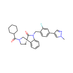 Cn1cc(-c2ccc(CN3C(=O)[C@@]4(CCN(C(=O)C5CCCCC5)C4)c4ccccc43)c(F)c2)cn1 ZINC000095587273