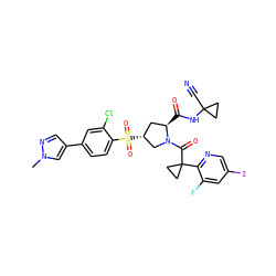 Cn1cc(-c2ccc(S(=O)(=O)[C@@H]3C[C@@H](C(=O)NC4(C#N)CC4)N(C(=O)C4(c5ncc(I)cc5F)CC4)C3)c(Cl)c2)cn1 ZINC000211024400