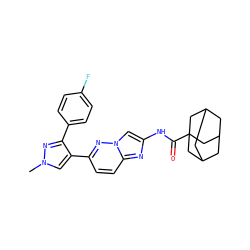 Cn1cc(-c2ccc3nc(NC(=O)C45CC6CC(CC(C6)C4)C5)cn3n2)c(-c2ccc(F)cc2)n1 ZINC001772636323