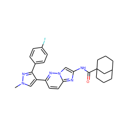 Cn1cc(-c2ccc3nc(NC(=O)C45CCCC(CCC4)C5)cn3n2)c(-c2ccc(F)cc2)n1 ZINC001772582977