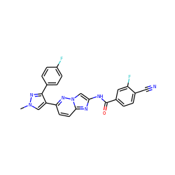 Cn1cc(-c2ccc3nc(NC(=O)c4ccc(C#N)c(F)c4)cn3n2)c(-c2ccc(F)cc2)n1 ZINC001772624739