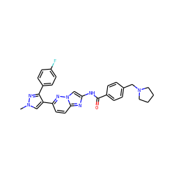 Cn1cc(-c2ccc3nc(NC(=O)c4ccc(CN5CCCC5)cc4)cn3n2)c(-c2ccc(F)cc2)n1 ZINC001772627072