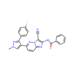 Cn1cc(-c2ccc3nc(NC(=O)c4ccccc4)c(C#N)n3n2)c(-c2ccc(F)cc2)n1 ZINC000220896659