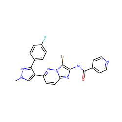 Cn1cc(-c2ccc3nc(NC(=O)c4ccncc4)c(Br)n3n2)c(-c2ccc(F)cc2)n1 ZINC000220890324