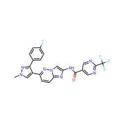 Cn1cc(-c2ccc3nc(NC(=O)c4cnc(C(F)(F)F)nc4)cn3n2)c(-c2ccc(F)cc2)n1 ZINC001772588859