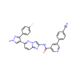 Cn1cc(-c2ccc3nc(NC(=O)c4cncc(-c5ccc(C#N)cc5)c4)cn3n2)c(-c2ccc(F)cc2)n1 ZINC001772642593