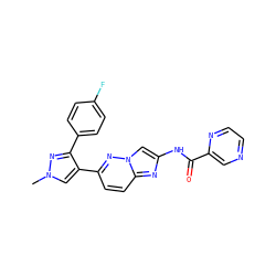 Cn1cc(-c2ccc3nc(NC(=O)c4cnccn4)cn3n2)c(-c2ccc(F)cc2)n1 ZINC001772600653