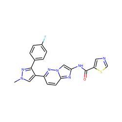 Cn1cc(-c2ccc3nc(NC(=O)c4cncs4)cn3n2)c(-c2ccc(F)cc2)n1 ZINC001772646397