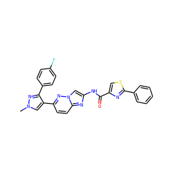 Cn1cc(-c2ccc3nc(NC(=O)c4csc(-c5ccccc5)n4)cn3n2)c(-c2ccc(F)cc2)n1 ZINC001772599101