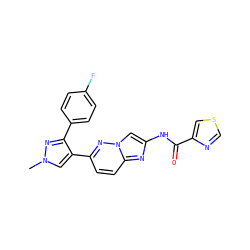 Cn1cc(-c2ccc3nc(NC(=O)c4cscn4)cn3n2)c(-c2ccc(F)cc2)n1 ZINC001772599600