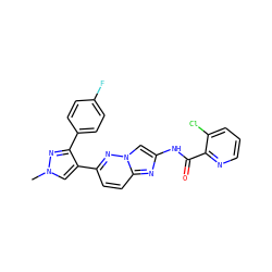 Cn1cc(-c2ccc3nc(NC(=O)c4ncccc4Cl)cn3n2)c(-c2ccc(F)cc2)n1 ZINC001772643780