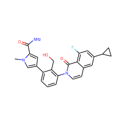 Cn1cc(-c2cccc(-n3ccc4cc(C5CC5)cc(F)c4c3=O)c2CO)cc1C(N)=O ZINC000143295882