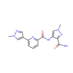 Cn1cc(-c2cccc(C(=O)Nc3cn(C)nc3C(N)=O)n2)cn1 ZINC000205771871