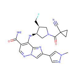 Cn1cc(-c2cn3ncc(C(N)=O)c(N[C@@H]4CN(C(=O)C5(C#N)CC5)C[C@@H]4CF)c3n2)cn1 ZINC001772634384