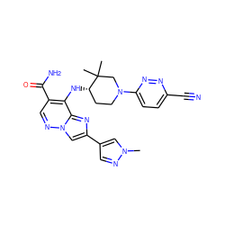 Cn1cc(-c2cn3ncc(C(N)=O)c(N[C@H]4CCN(c5ccc(C#N)nn5)CC4(C)C)c3n2)cn1 ZINC001772611090