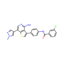 Cn1cc(-c2cnc(N)c3c(-c4ccc(NC(=O)c5cccc(Cl)c5)cc4)csc23)cn1 ZINC000473090783