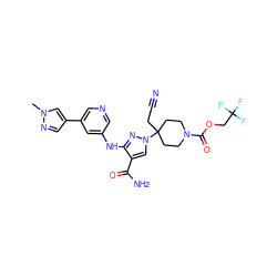 Cn1cc(-c2cncc(Nc3nn(C4(CC#N)CCN(C(=O)OCC(F)(F)F)CC4)cc3C(N)=O)c2)cn1 ZINC000220981941