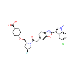 Cn1cc(-c2nc3ccc(CC(=O)N4C[C@@H](F)C[C@H]4CO[C@H]4CC[C@H](C(=O)O)CC4)cc3o2)c2cc(Cl)ccc21 ZINC000261177980