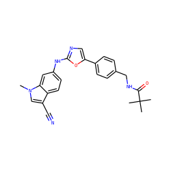 Cn1cc(C#N)c2ccc(Nc3ncc(-c4ccc(CNC(=O)C(C)(C)C)cc4)o3)cc21 ZINC000003595502
