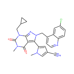 Cn1cc(C#N)cc1-c1c2c(=O)n(C)c(=O)n(CC3CC3)c2nn1Cc1ccnc2ccc(Cl)cc12 ZINC000100456954