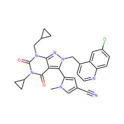 Cn1cc(C#N)cc1-c1c2c(=O)n(C3CC3)c(=O)n(CC3CC3)c2nn1Cc1ccnc2ccc(Cl)cc12 ZINC000084732571