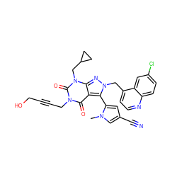 Cn1cc(C#N)cc1-c1c2c(=O)n(CC#CCO)c(=O)n(CC3CC3)c2nn1Cc1ccnc2ccc(Cl)cc12 ZINC000084732559