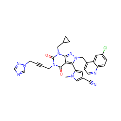 Cn1cc(C#N)cc1-c1c2c(=O)n(CC#CCn3cncn3)c(=O)n(CC3CC3)c2nn1Cc1ccnc2ccc(Cl)cc12 ZINC000084732553