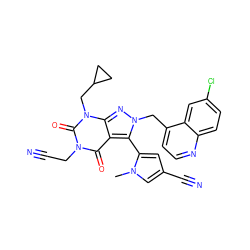 Cn1cc(C#N)cc1-c1c2c(=O)n(CC#N)c(=O)n(CC3CC3)c2nn1Cc1ccnc2ccc(Cl)cc12 ZINC000084732557