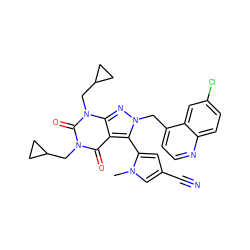 Cn1cc(C#N)cc1-c1c2c(=O)n(CC3CC3)c(=O)n(CC3CC3)c2nn1Cc1ccnc2ccc(Cl)cc12 ZINC000084732562