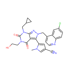 Cn1cc(C#N)cc1-c1c2c(=O)n(CCO)c(=O)n(CC3CC3)c2nn1Cc1ccnc2ccc(Cl)cc12 ZINC000084740497