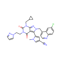 Cn1cc(C#N)cc1-c1c2c(=O)n(CCn3cccn3)c(=O)n(CC3CC3)c2nn1Cc1ccnc2ccc(Cl)cc12 ZINC000084741069