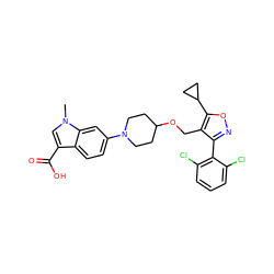 Cn1cc(C(=O)O)c2ccc(N3CCC(OCc4c(-c5c(Cl)cccc5Cl)noc4C4CC4)CC3)cc21 ZINC000059069529