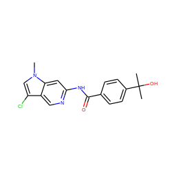 Cn1cc(Cl)c2cnc(NC(=O)c3ccc(C(C)(C)O)cc3)cc21 ZINC000145244497