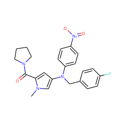 Cn1cc(N(Cc2ccc(F)cc2)c2ccc([N+](=O)[O-])cc2)cc1C(=O)N1CCCC1 ZINC000040935187